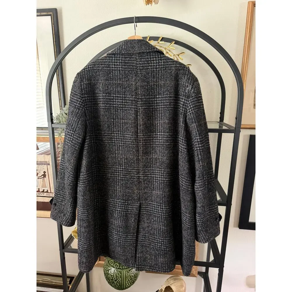 J.Crew Thompson Coat Mens 44 Gray Black Plaid Wool Blend Tweed Overcoat Lined